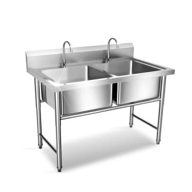 Imagem de Pia de aço inoxidável para estação de trabalho com tigela dupla, pia de cozinha comercial independente, com 2 torneiras e kit de drenagem, para restaurante, lavanderia, quintal, garagens, pia de