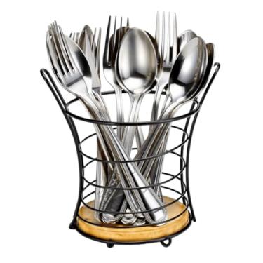 Imagem de Suporte Para Talheres Aramado Em Aço Preto Com Base De Madeira Organizador De Talheres Para Bancada Cozinha Área Gourmet Mesa