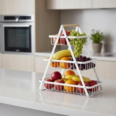 Imagem de Fruteira De Mesa Organizador Cesto Frutas Cozinha Multiuso Metal Legumes Organizador Aramado 3 cestos (Branca)