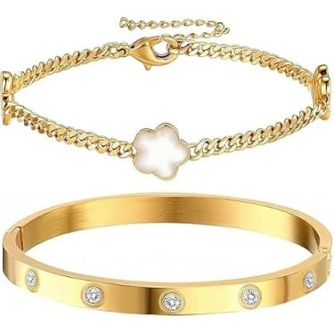 Imagem de Pulseiras femininas brancas florais de ouro 18 quilates, 2 peças empilháveis de zircônia cúbica banhada a ouro da amizade, kit de joias, festa de casamento, Natal, presentes de aniversário