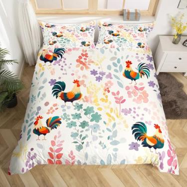 Imagem de Erosebridal Jogo de cama de galo de galo de galo floral colorido para crianças, meninas, meninos, conjunto de cama de animais de fazenda, flor, planta, folha, 3 peças (sem edredom)