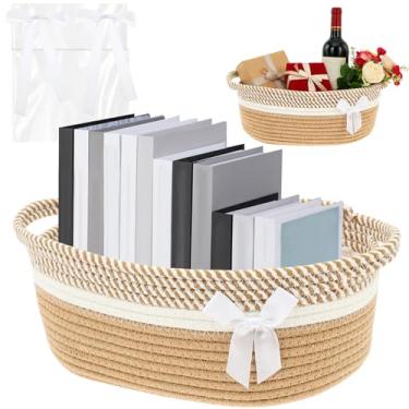 Imagem de Cestas para presentes vazias, cesta de presente de tecido vazia com gravata borboleta e bolsa, caixa decorativa para o dia dos namorados, armazenamento de cesta de corda tecida com alça para decoração