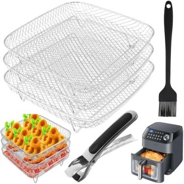 Imagem de Conjunto de 3 cestos empilháveis de acessórios para fritadeira a ar, bandejas quadradas de aço inoxidável com clipe e escova de óleo para vórtice instantâneo, fritadeira cosori, grelha Ninja Foodi,