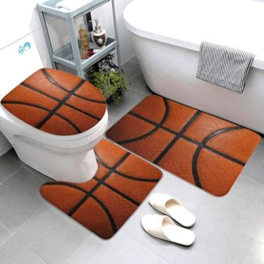 Imagem de Jbofyee Conjunto de tapetes de banheiro com textura de basquete esportivo, tapete de banho + tapete de contorno + capa de assento de vaso sanitário, tapete de microfibra macia antiderrapante para