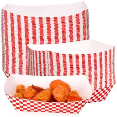 Imagem de Geosar 100 peças de bandejas de comida de papel guingão descartáveis a granel barcos de comida quadriculados para lanche com tema de corrida, festa de aniversário, chá de bebê e casamento, suprimentos