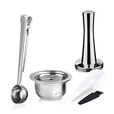 Imagem de Conjunto de Cápsulas Café Aço Inoxidável Reutilizáveis com Aperrador Pó 2 Colheres e Escova Compatível Vertuoline GCA1 Delonghi ENV135 ENV150 VertuoPl