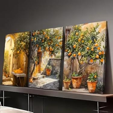 Imagem de RZIGERNO 3 peças de arte de parede em tela de limoeiro mediterrâneo pátio de limão impressão em tela emoldurada 40,6 x 61 cm rústico fazenda pôster impressão decoração de parede para sala de estar
