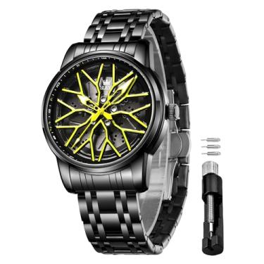 Imagem de OLEVS Relógios masculinos 42 mm, mostrador grande, esqueleto, luminoso, à prova d'água, aço inoxidável, moderno, relógio de carro, 3701: amarelo, Tendência