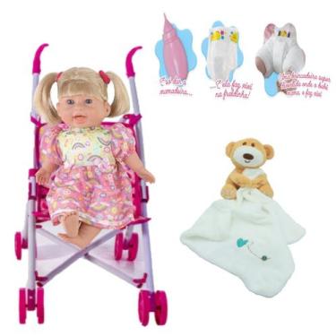 Imagem de Kit Bolneca Bebê Faz Xixi Rafaeli + Naninha Pelucia Carrinho - MILK Br