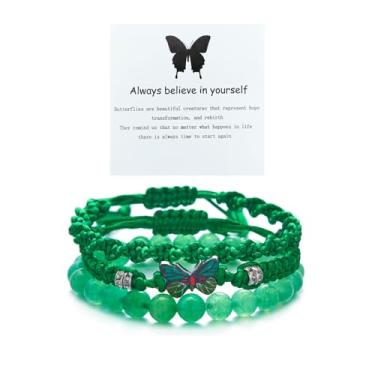 Imagem de Hremhoo Always Believe in Yourself Pulseira de borboleta ajustável de corda trançada para mulheres, 3 peças, conjunto de pulseiras de borboleta empilháveis boêmio, pulseira combinando amizade, Small