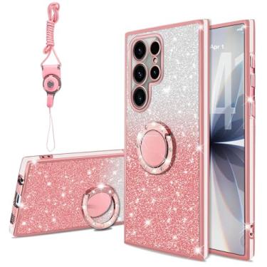 Imagem de KuDiNi Capa para Galaxy S23 Ultra, Fofa Brilhante Brilhante Brilhante Fina Transparente TPU Fina Brilhante Glitter Capa Feminina, Capa de Proteção à Prova de Choque com Suporte de Anel e Alça para