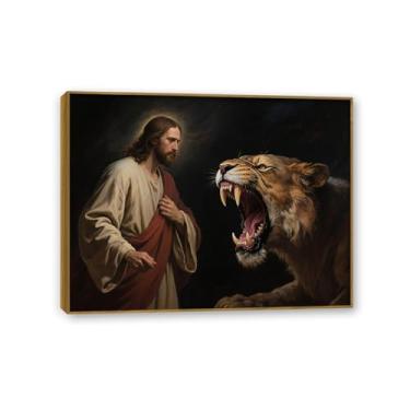 Imagem de Arte de parede Jesus Leão e Cordeiro Jesus e o Leão que ruge feroz pôster impresso pintura de cordeiro religiosa imagens de decoração de parede de igreja 90 x 70 cm (91.4x71.1 cm) moldura dourada