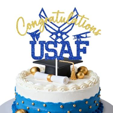 Imagem de Parabéns USAF Cake Topper, decoração de celebração militar da Força Aérea dos EUA, perfeito para festas de promoção de aposentadoria e formatura