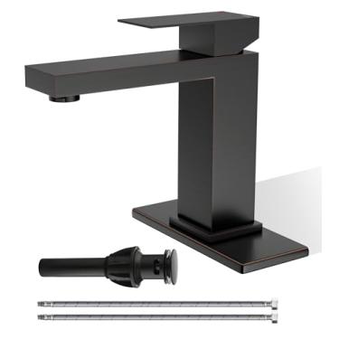 Imagem de BATH FAMOLI Torneira de banheiro bronze polido a óleo, torneira de banho de vaidade de orifício único, torneiras modernas de banheiro de aço inoxidável de alça única para pia 1 orifício com rolha de