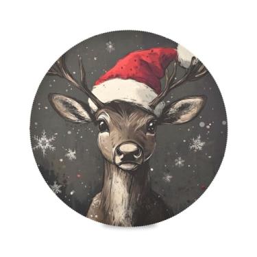Imagem de STAYTOP Jogo americano redondo de rena de Natal, 6 peças, tapetes de mesa para feriados, antiderrapante, fácil de limpar, para casa, cozinha, churrasco, festa, decoração de mesa