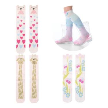 Imagem de 3 Pares Meia 3/4 Cano Alto galocha Infantil Menina Colorida Estampada 