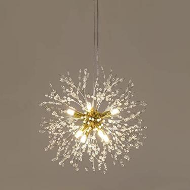 Imagem de Luminária pendente moderna em formato de dente-de-leão, com cristais que lembram fogos de artifício, ideal para ambientes internos como sala de estar, restaurante e cozinha.