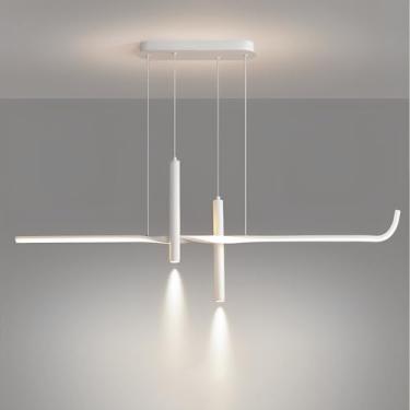 Imagem de Lustre nórdico branco com luminárias pendentes lineares de LED para sala de jantar, sala de estar, cafeteria, escritório, iluminação pendente linear para teto e ilha de cozinha.