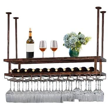 Imagem de Suporte para copo de vinho, suporte de copo de vinho, largura e altura ajustáveis, suporte de garrafa de teto de metal para cozinha, pub, cabide de armazenamento de óculos durável fácil de instalar