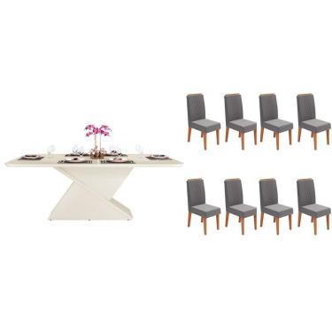 Imagem de Conjunto: Mesa Sala Jantar Zafira c/ Tampo Madeirado c/ Vidro Curvo 200x100cm e 8 Cadeiras Lia Off White - Freijo/Suede Lunar - DJ Móveis