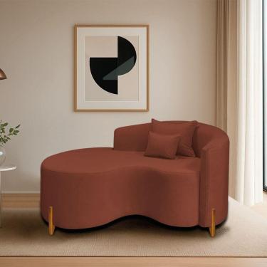 Imagem de Divã Recamier Curvo Sala De Estar Recepção Inglaterra 150cm Pés Madeira Lado Esquerdo Bouclé Terracota