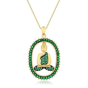 Imagem de Pingente Buda Pedras Verde Esmeralda Folheado A Ouro 18k - Radhau Joia