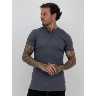 Imagem de Camiseta Slim Canelada Com Botão Lisa Estilo Americano Streetwear Justa ao Corpo Ribana Cinza Chumbo-Masculino