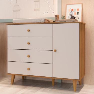 Imagem de Cômoda Infantil Retrô 4 Gavetas com Porta Fraldário Pés Palito Lígia MDF Off White Carolina Baby