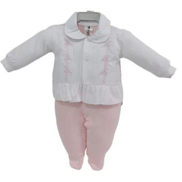 Imagem de Macacão Longo Luxo Bebê Menina Rosa Bordado Enxoval Ref 2833 - Chuquin