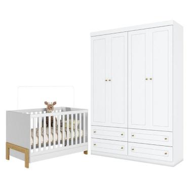Imagem de Berço Americano Mini Cama Fantasia Branco Acetinado - Qmovi E Guarda Roupa Infantil Americano 4 Portas Branco Hp - Henn