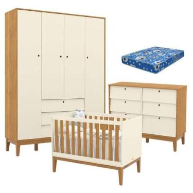 Imagem de Quarto De Bebe Unique 4 Portas Com Cômoda 6 Gavetas Off White Freijó E