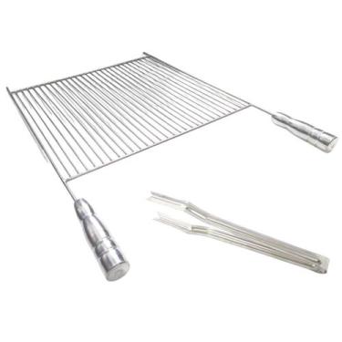 Imagem de Kit Grelha 60x40cm Aramada Com Pegador Inox 49cm Churrasco - LAURINDOS