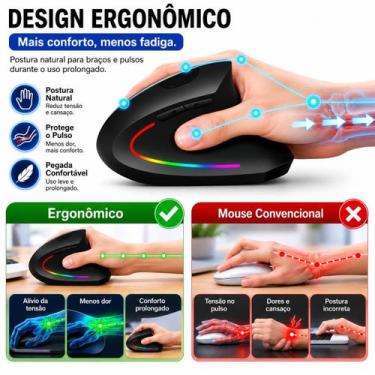 Imagem de Mouse Ortopédico Bluetooth Mouse Ergonômico Sem Fio Vertical Wireless 