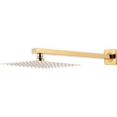 Imagem de Ducha Chuveiro Slim Prizi Quadrado 20x20cm Inox 304 Dourada com Braço