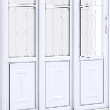 Imagem de Porta de Correr Aço Lateral com Postigo e Grade Mosaico 2 Folhas Móveis e 1 Fixa Lucasa Facilità 213cmx150cmx17cm Branco