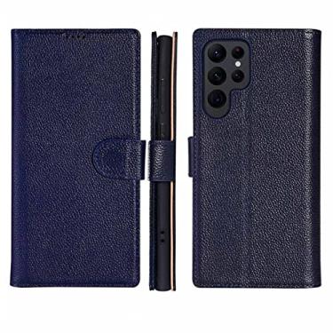 Imagem de Capa para Samsung Galaxy S22/S22+/S22 Ultra, Capa de couro legítimo fina com suporte slot para cartão de crédito Proteção de câmera à prova de choque Flip Carteira Capa, Azul, S22 15,4 cm