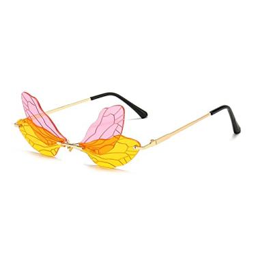 Imagem de Óculos de sol de asa de libélula sem aro moda feminina vintage lente oceano claro óculos masculinos rosa amarelo óculos de sol tons uv400,6, china