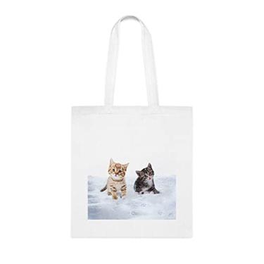 Imagem de Sacola de gatos brincando na neve, presente divertido, bolsa de ombro, bolsas reutilizáveis, cesta de Natal de aniversário, ideia de presente, Branco