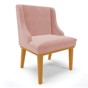 Imagem de Cadeira De Jantar Liz Veludo Rosê Base Fixa Madeira Castanho