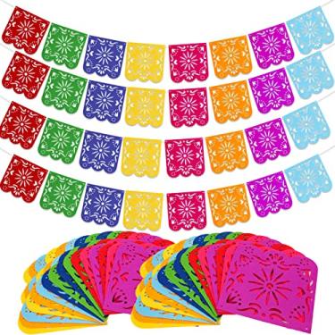 Imagem de Qpout Pacote com 4 bandeiras de decorações de festa mexicana, faixa colorida de feltro para papel Picado Dia dos Mortos, decorações de festa de chá de bebê de aniversário de festa, guirlanda de Dia de Los Muertos, bandeiras cinco de maio