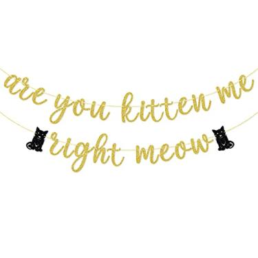 Imagem de Faixa Are You Kitten Me Right Meow, decorações de festa para adoção de gatos de estimação, suprimentos para guirlanda de aniversário de gatinho, placa de dia Gotcha, pré-amarrada, glitter dourado