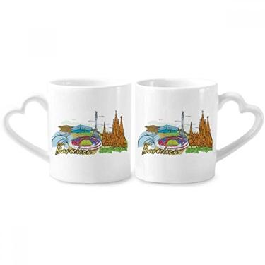 Imagem de Espanha Barcelona Monumento Aquarela Casal Caneca Porcelana Conjunto Cerâmica Amante Copo Punho Coração