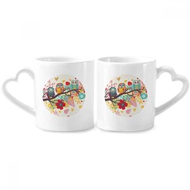 Imagem de Ilustração Animais Ramos Flores Corujas Casal Porcelana Conjunto de Caneca de Cerâmica Amante Copo Punho de Coração