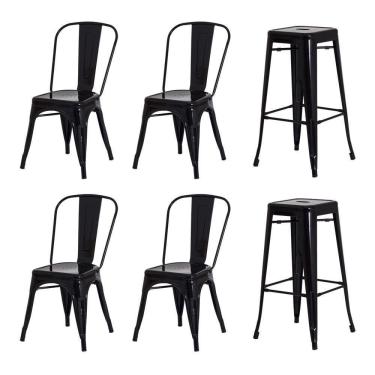 Imagem de Kit 4 Cadeiras + 2 Banquetas Tolix Iron Design Preta Aço Industrial Sala Cozinha Jantar...