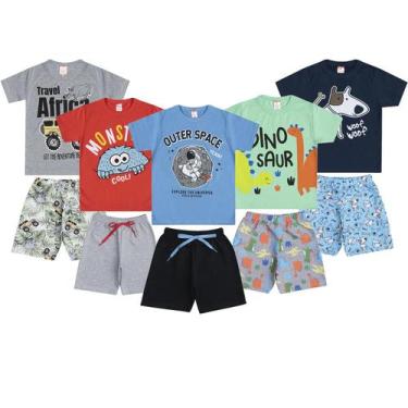 Imagem de Kit 10 Peças De Roupas Infantil Masculino 5 Camisetas+5 Shorts - Kit C
