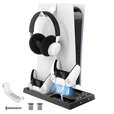 Imagem de Compatível com PS5 Digital Edition e suporte de resfriamento de edição de unidade óptica, base com estação de carregamento de controlador duplo e ventilador de resfriamento(Preto)