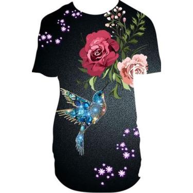 Imagem de Camiseta Long Line Beija Flor Azul Rosas Flores - Estilo Vizu