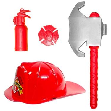 Imagem de Kit Resgate Fantasia de Bombeiro com Chapéu Machado e Extintor para Festas e Halloween Infantil Capacete Vermelho para Crianças