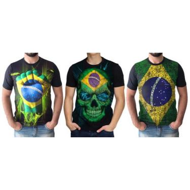 Imagem de Kit 3 Camisetas Camisas Masculinas Bandeira Do Brasil Democracia Skull