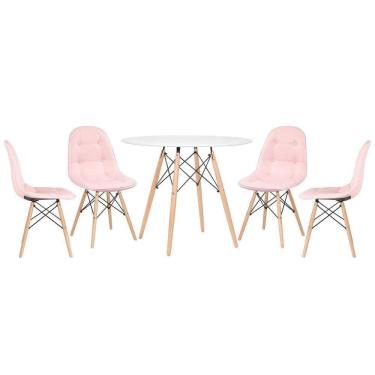 Imagem de Mesa Redonda Eames 90 Cm Branco + 4 Cadeiras Estofadas Eiffel Botonê Rosa Claro Rosa Claro